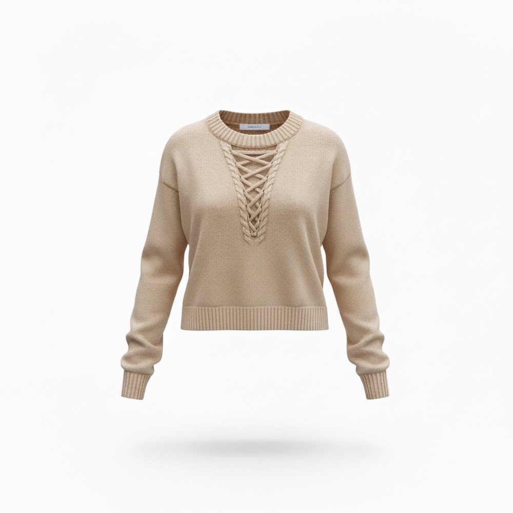 Cable Lace-Up Crewneck Sweater - Beige